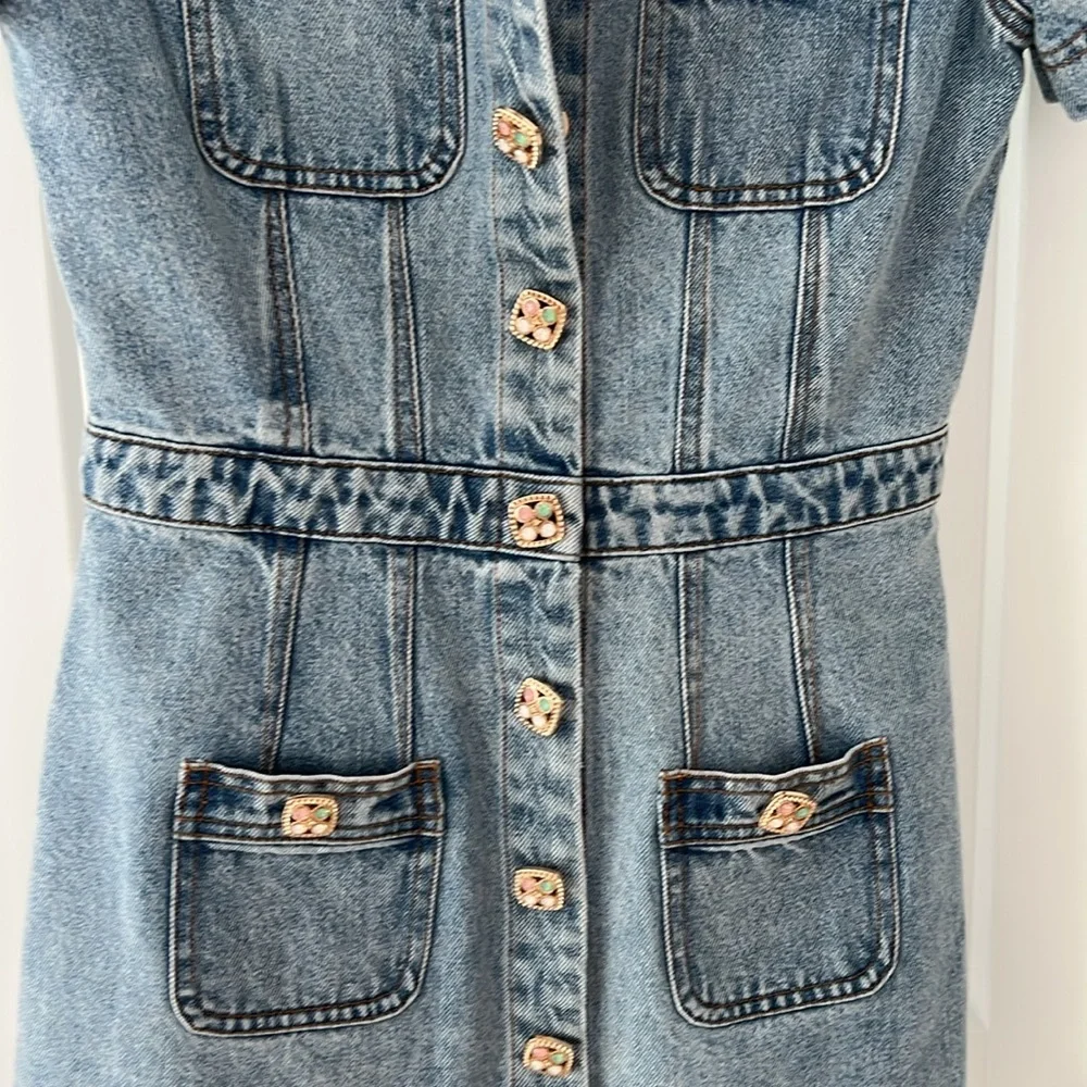 Self Portrait denim buttoned mini dress light blue size 4 - Picture 9 of 9